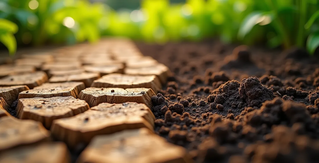 Primer plano del suelo de un jardín mediterráneo mostrando el contraste entre la tierra seca y agrietada por el sol y la tierra oscura y húmeda en la sombra.