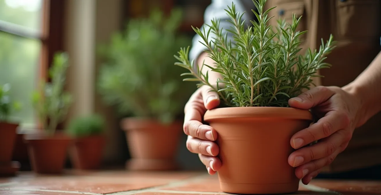 Manos de un jardinero experimentado levantando una maceta de terracota para verificar su peso y decidir si necesita riego.