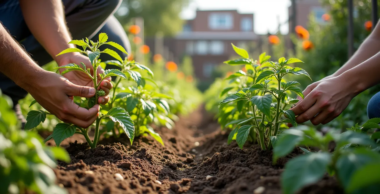 Comparación visual de dos huertos urbanos contiguos con diferentes microclimas