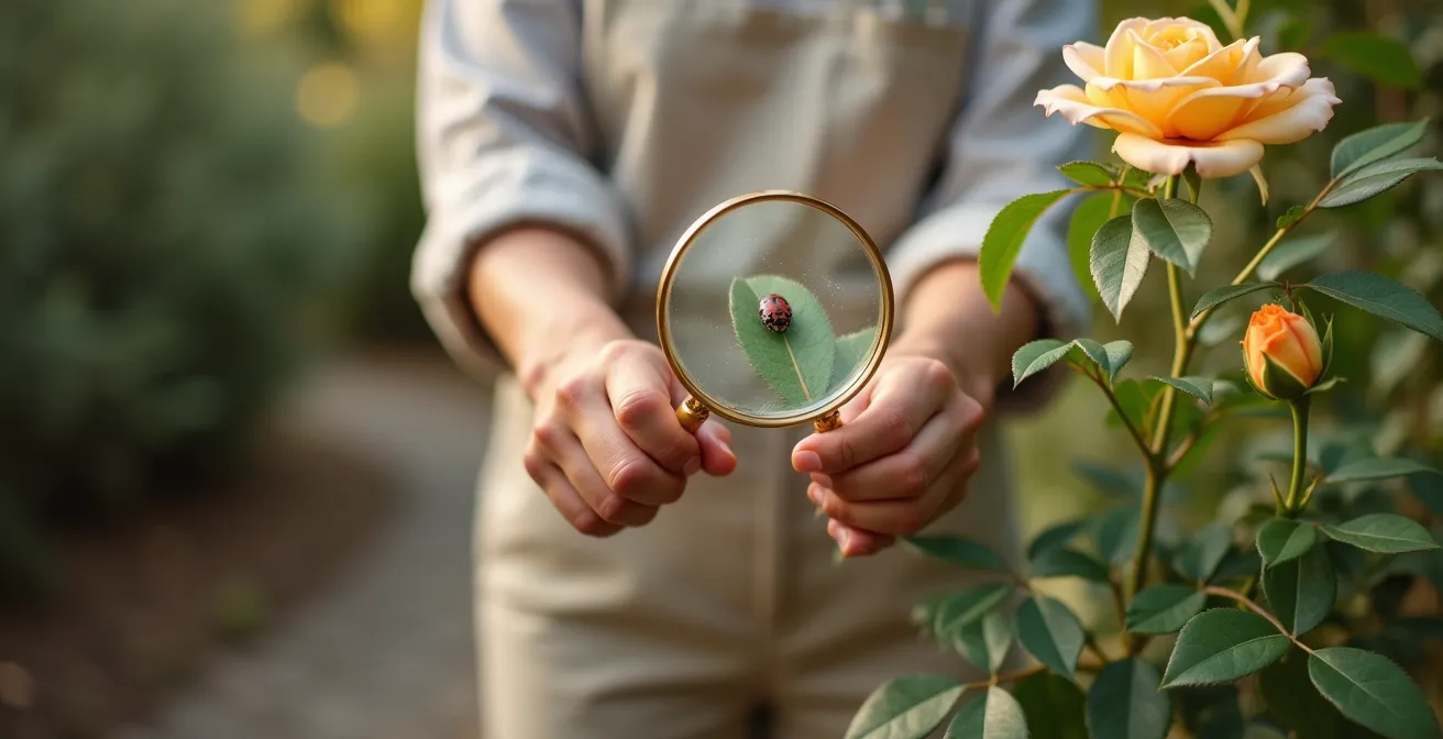 Jardinero observando con lupa plantas indicadoras en recorrido de monitoreo semanal