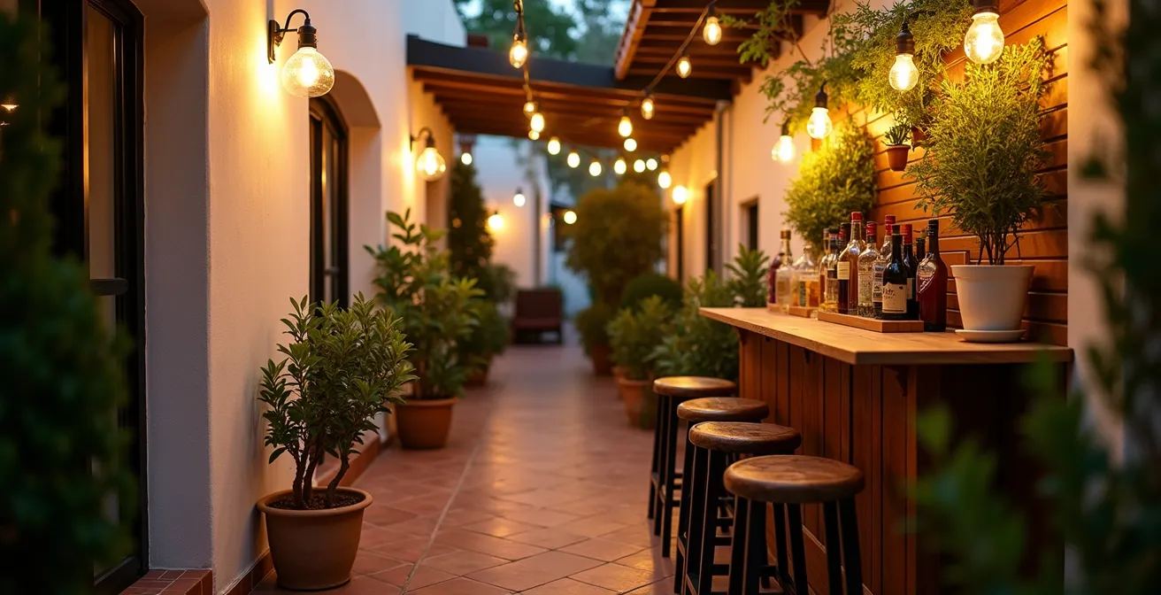 Pasillo lateral de jardín convertido en elegante zona de bar con jardín vertical de hierbas