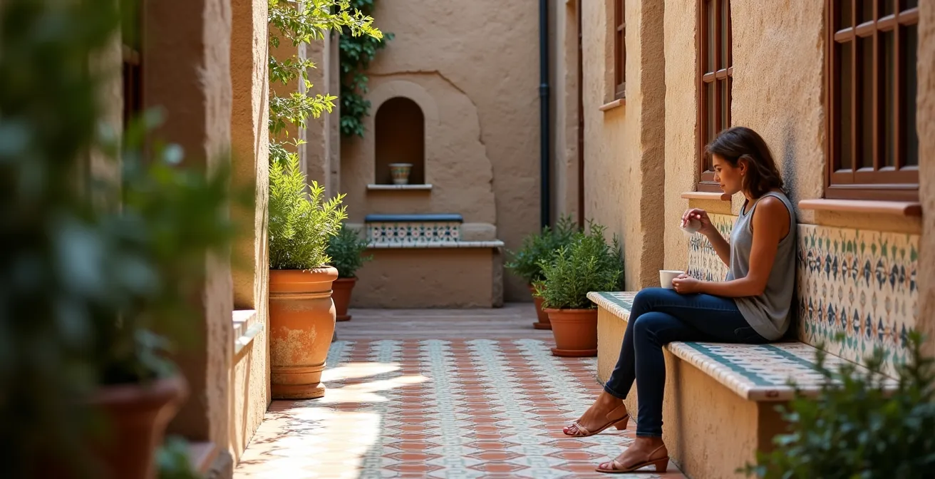 Pasillo lateral convertido en zona de descanso con banco de obra, azulejos tradicionales y plantas aromáticas