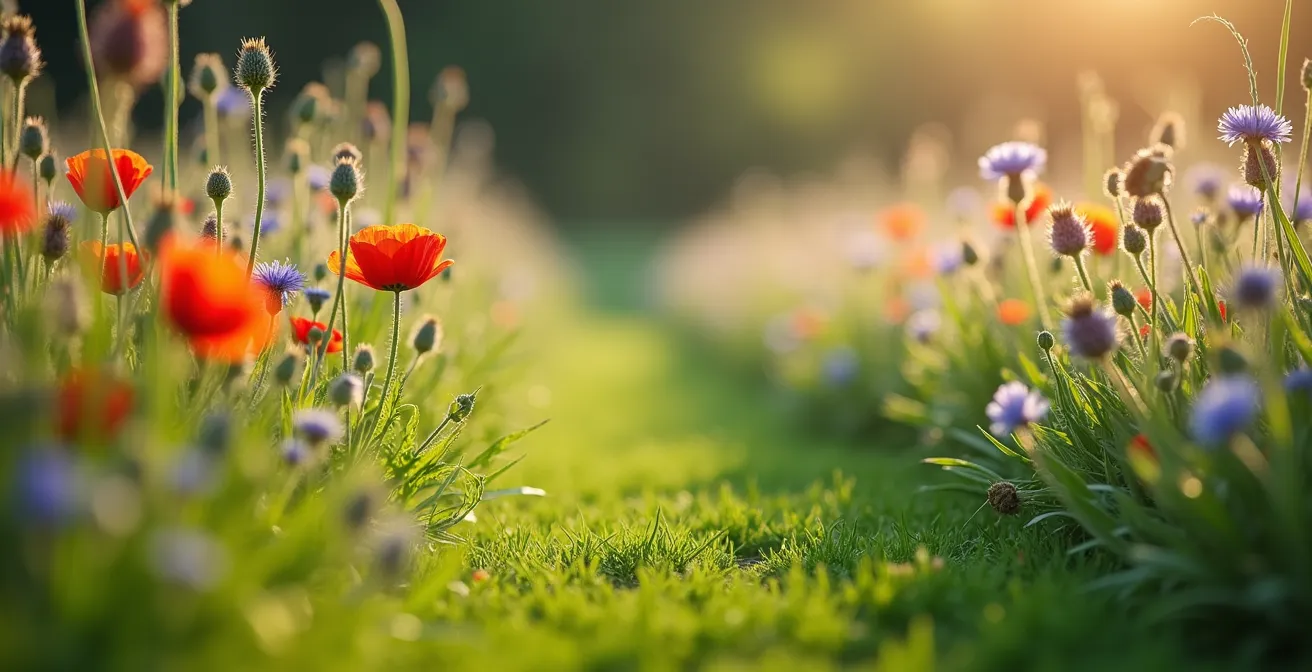 Pradera de flores silvestres con senderos de césped cortado creando patrones geométricos y plantas arquitectónicas emergentes