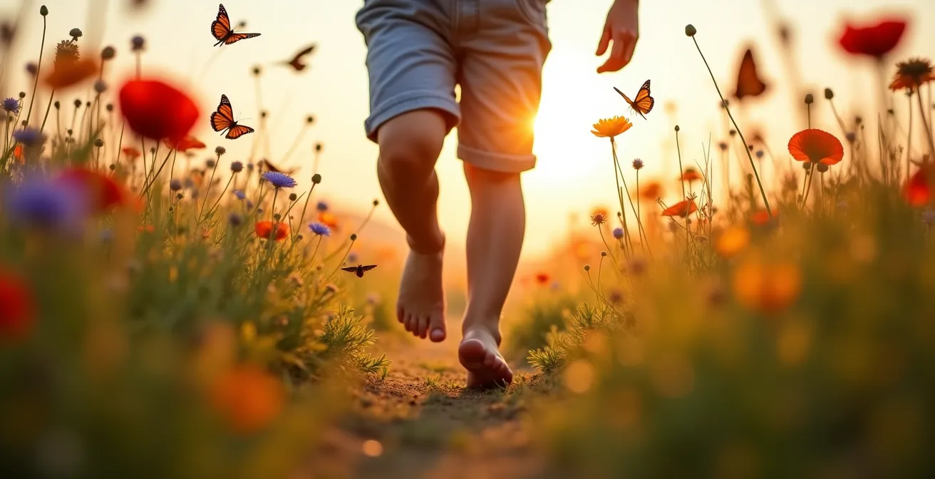 Vista a ras de suelo de una pradera mediterránea llena de amapolas y acianos, con los pies descalzos de un niño corriendo entre ellas y varias mariposas en vuelo.