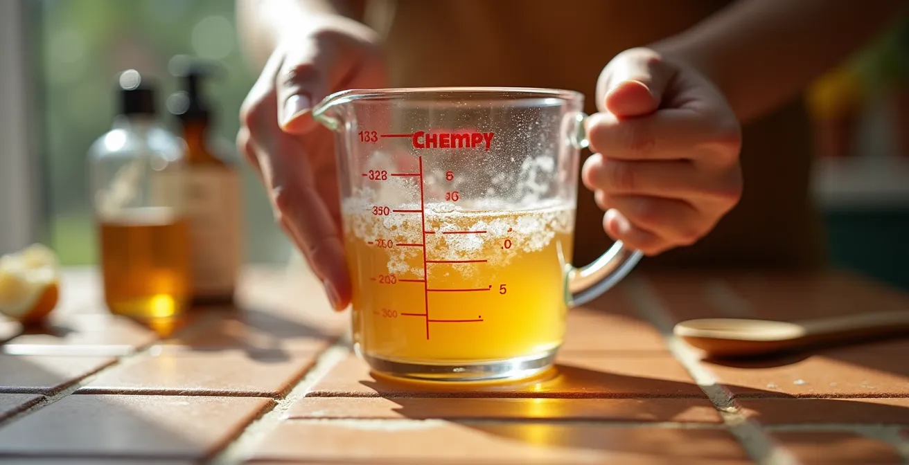 Mesa de jardín con ingredientes para preparar jabón potásico casero contra pulgones