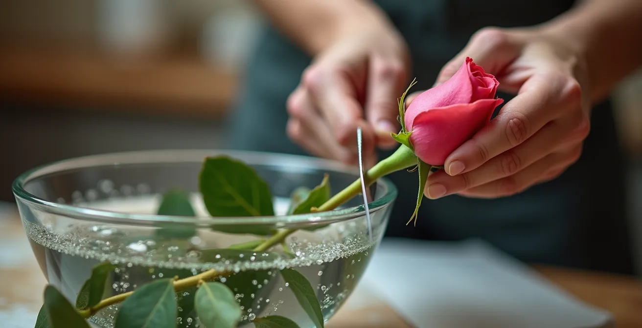 Manos de florista cortando tallos de rosas en ángulo de 45 grados bajo el agua con cuchillo profesional