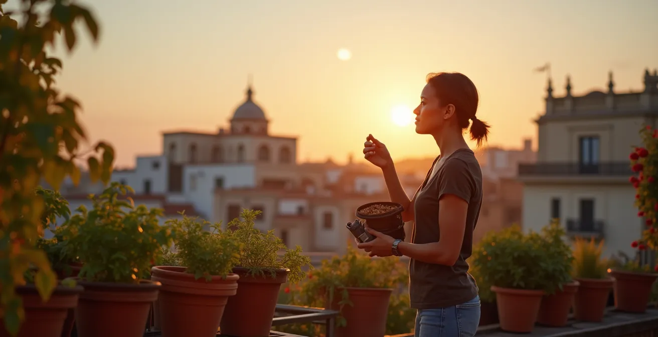 Jardinero urbano consultando calendario lunar en balcón de Barcelona al atardecer