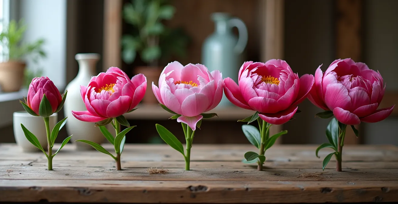 Secuencia temporal de peonías en diferentes estados de apertura sobre mesa de trabajo de florista