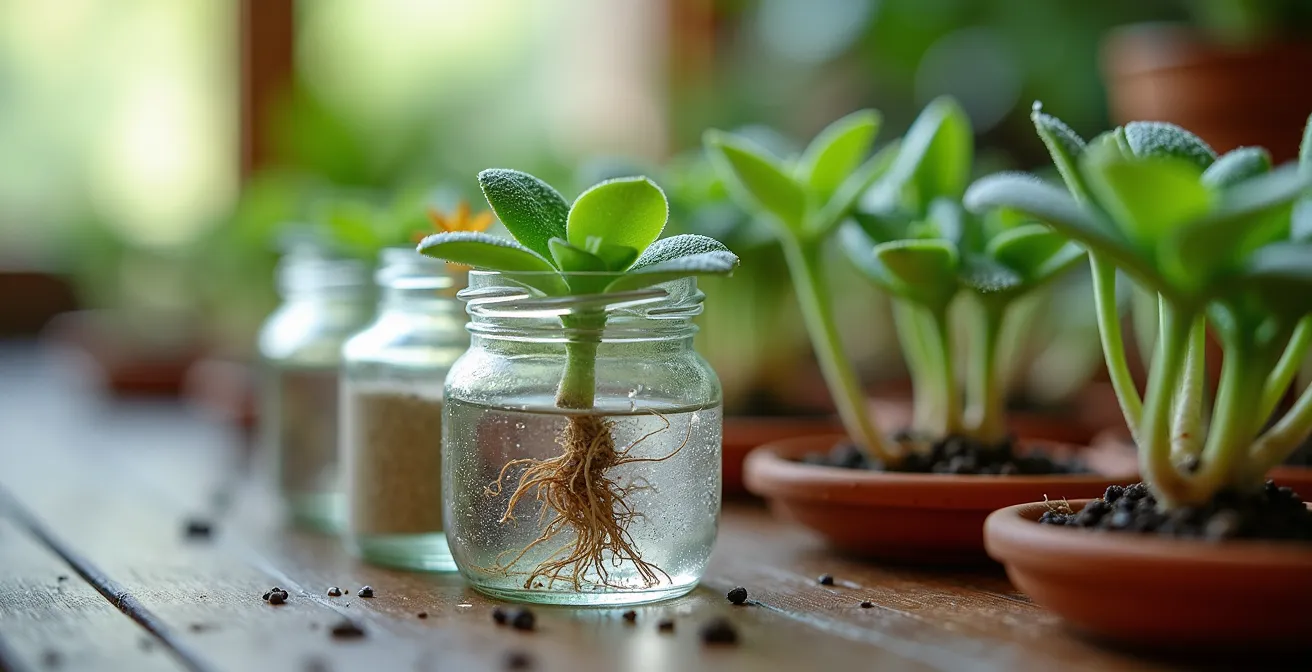 Mesa de propagación casera con esquejes de lavanda, romero y suculentas en diferentes etapas de enraizamiento