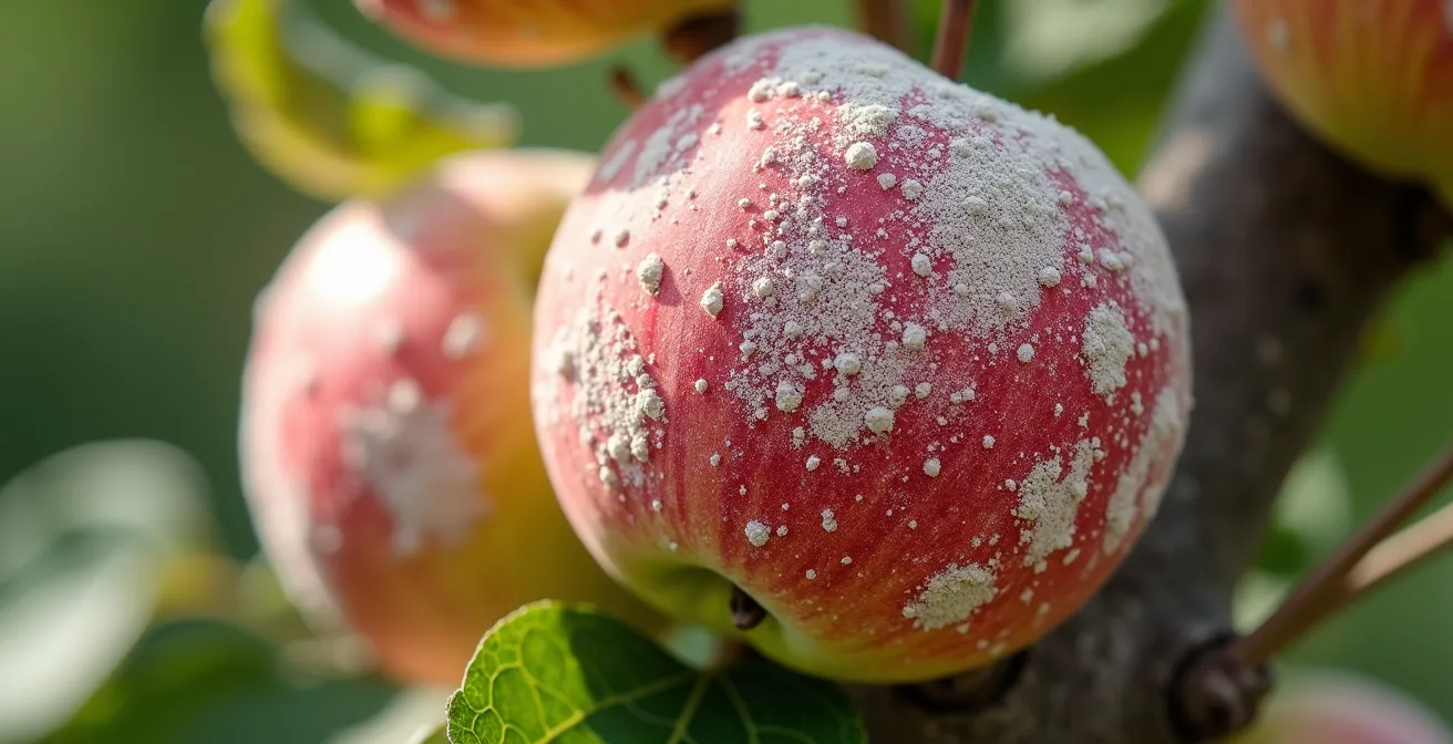 Aplicación de caolín en tronco y ramas de manzano bajo sol intenso