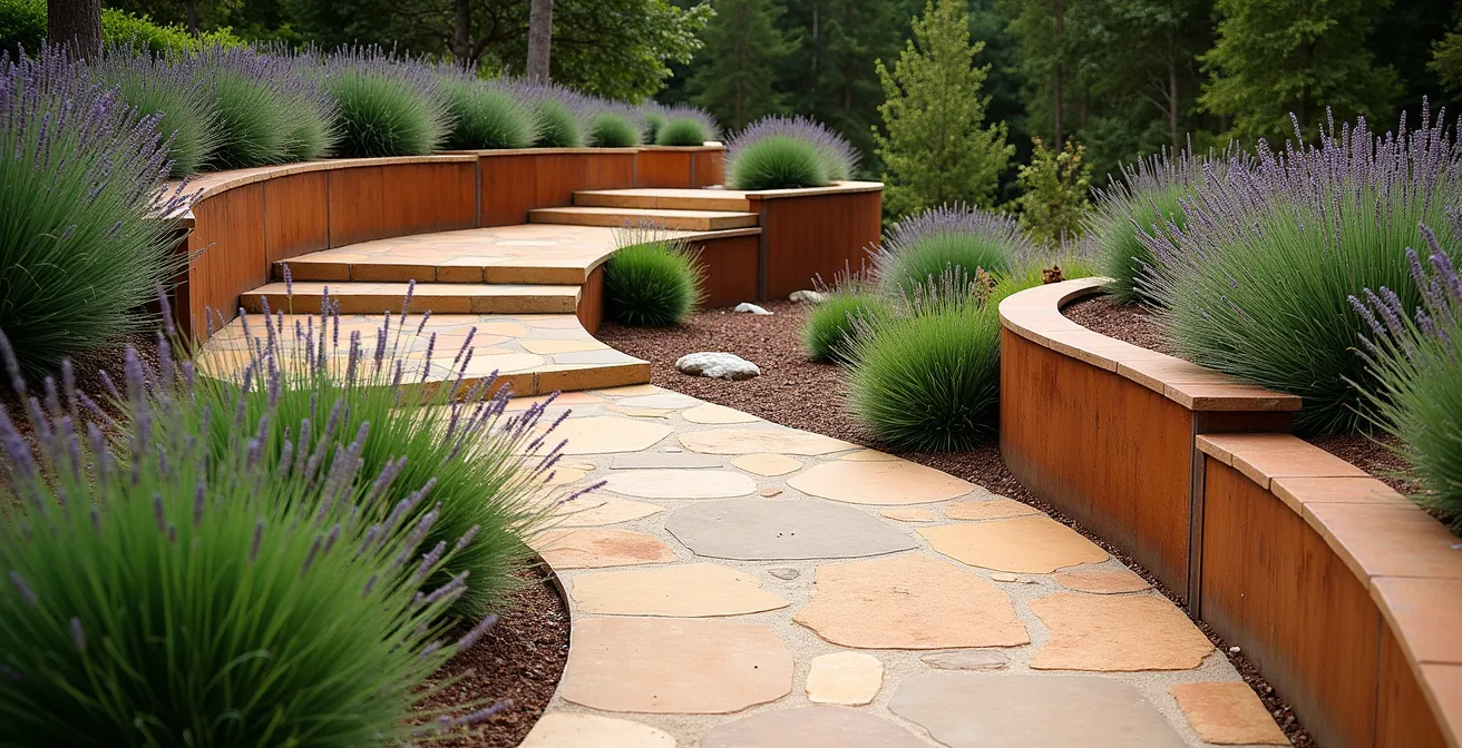 Sendero serpenteante de piedra natural integrado en jardín con vegetación mediterránea y muretes de acero corten