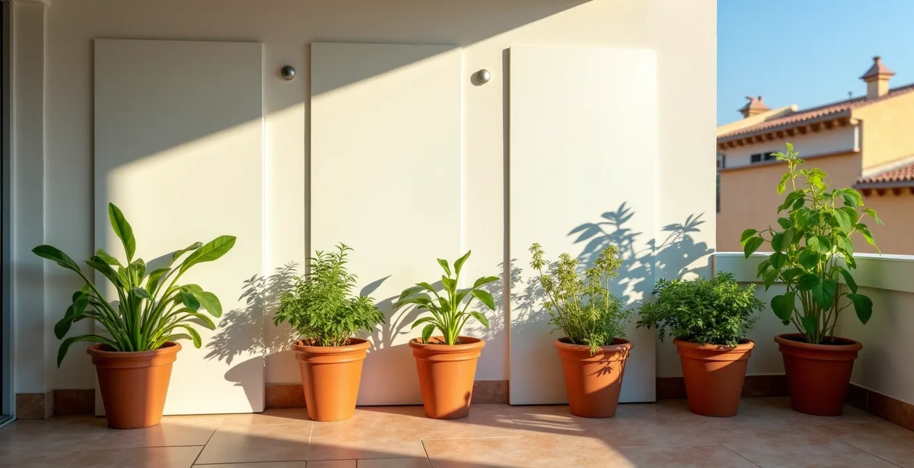 Terraza urbana con sistema de paneles reflectantes blancos redirigiendo luz solar hacia cultivos en macetas