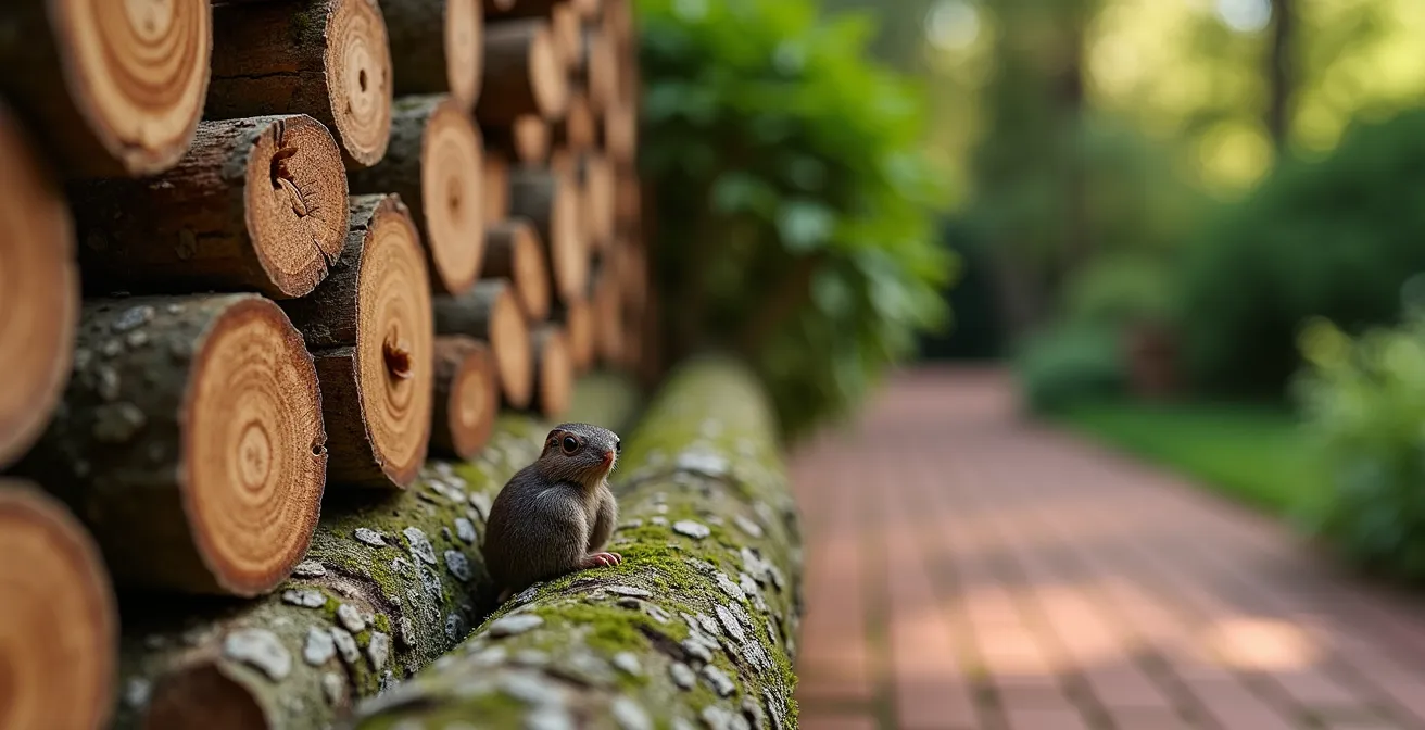 Rincón de jardín con refugios naturales para fauna silvestre española