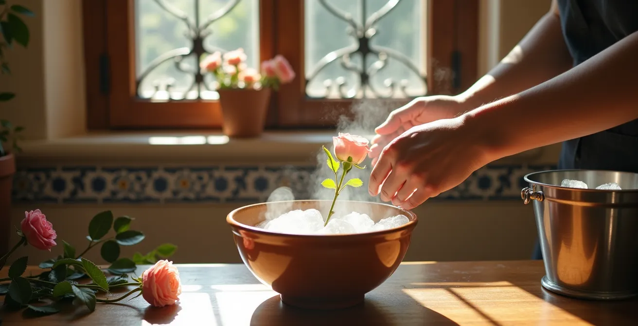 Rosa marchita siendo tratada con técnica de shock térmico en agua caliente y fría