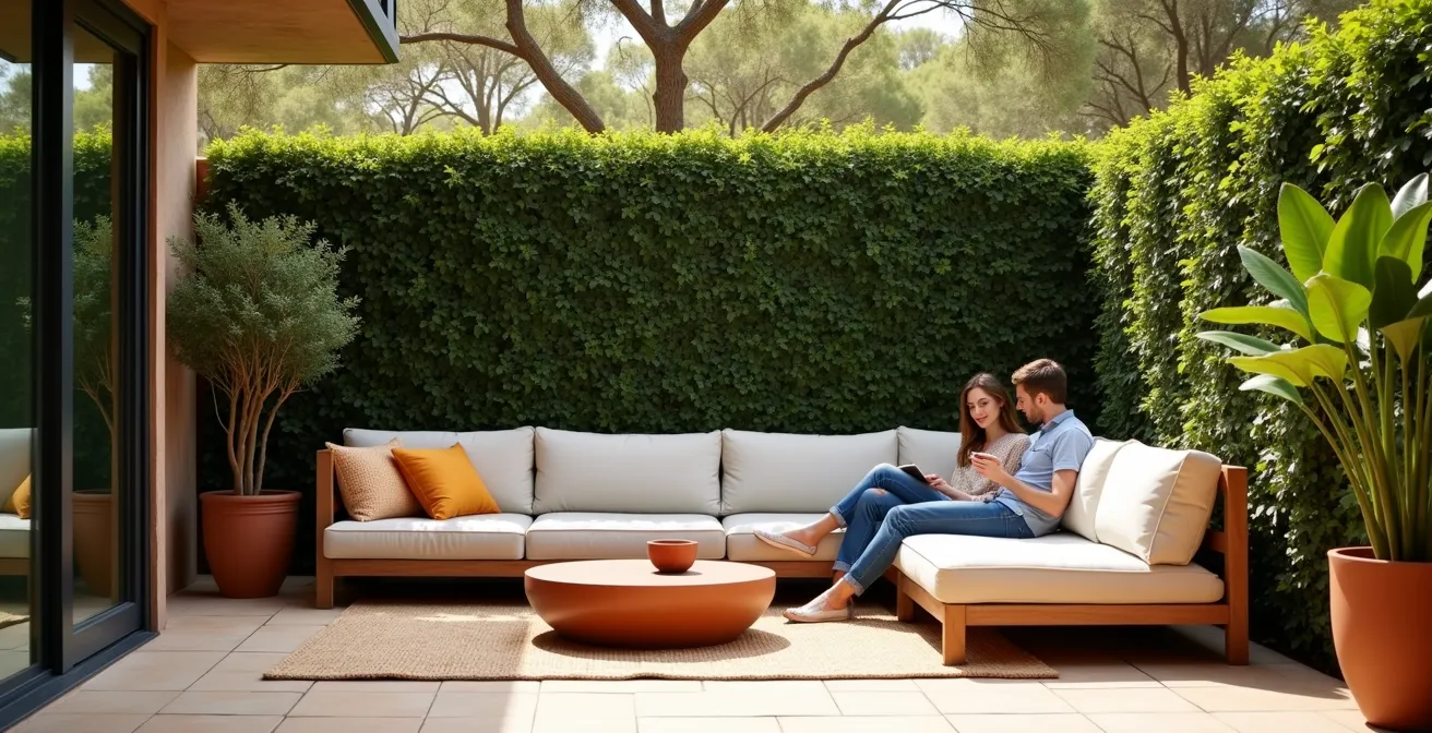 Zona de estar en jardín protegida del viento con sofás orientados hacia un punto focal