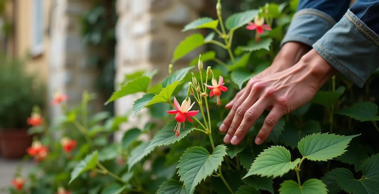 Rincón sombreado de jardín mediterráneo con plantas delicadas floreciendo bajo la protección de un muro