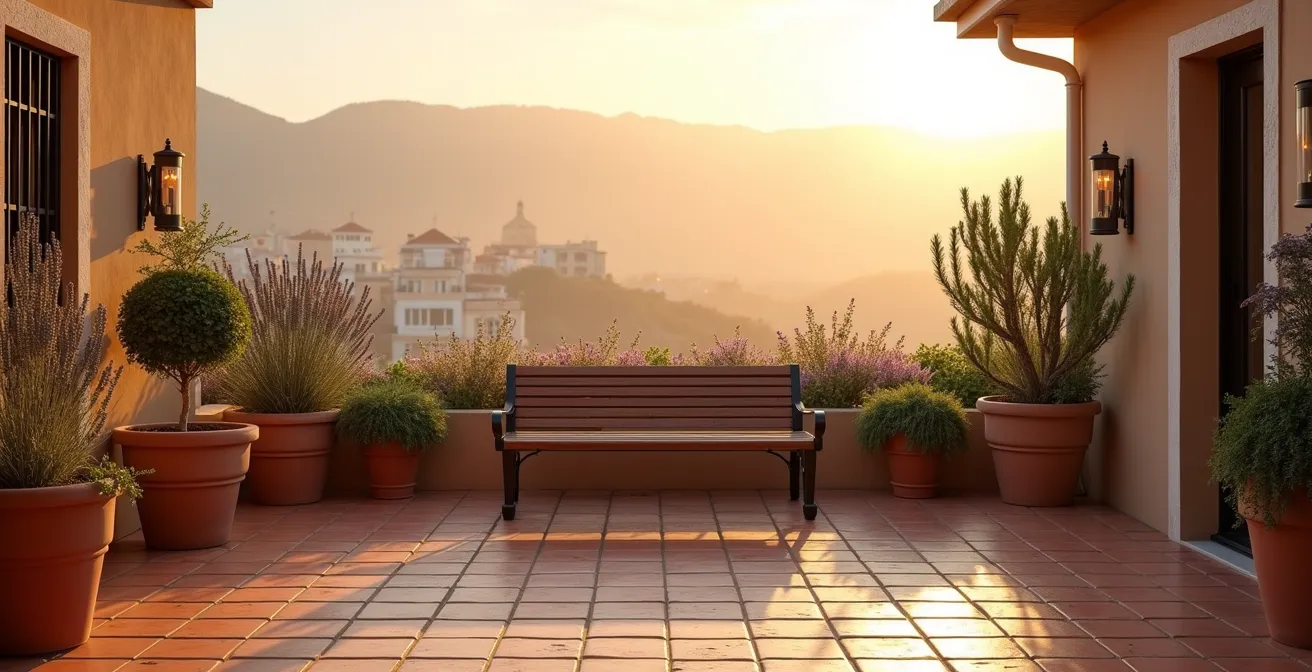 Ritual matutino con plantas aromáticas mediterráneas en terraza española