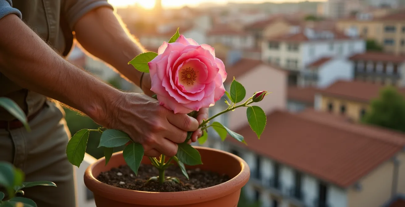 Rosal de Castilla floreciendo en una terraza urbana madrileña