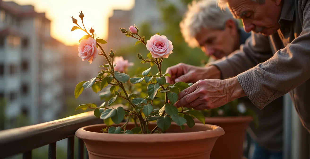 Rosal antiguo floreciendo en maceta de terracota en terraza urbana con edificios al fondo