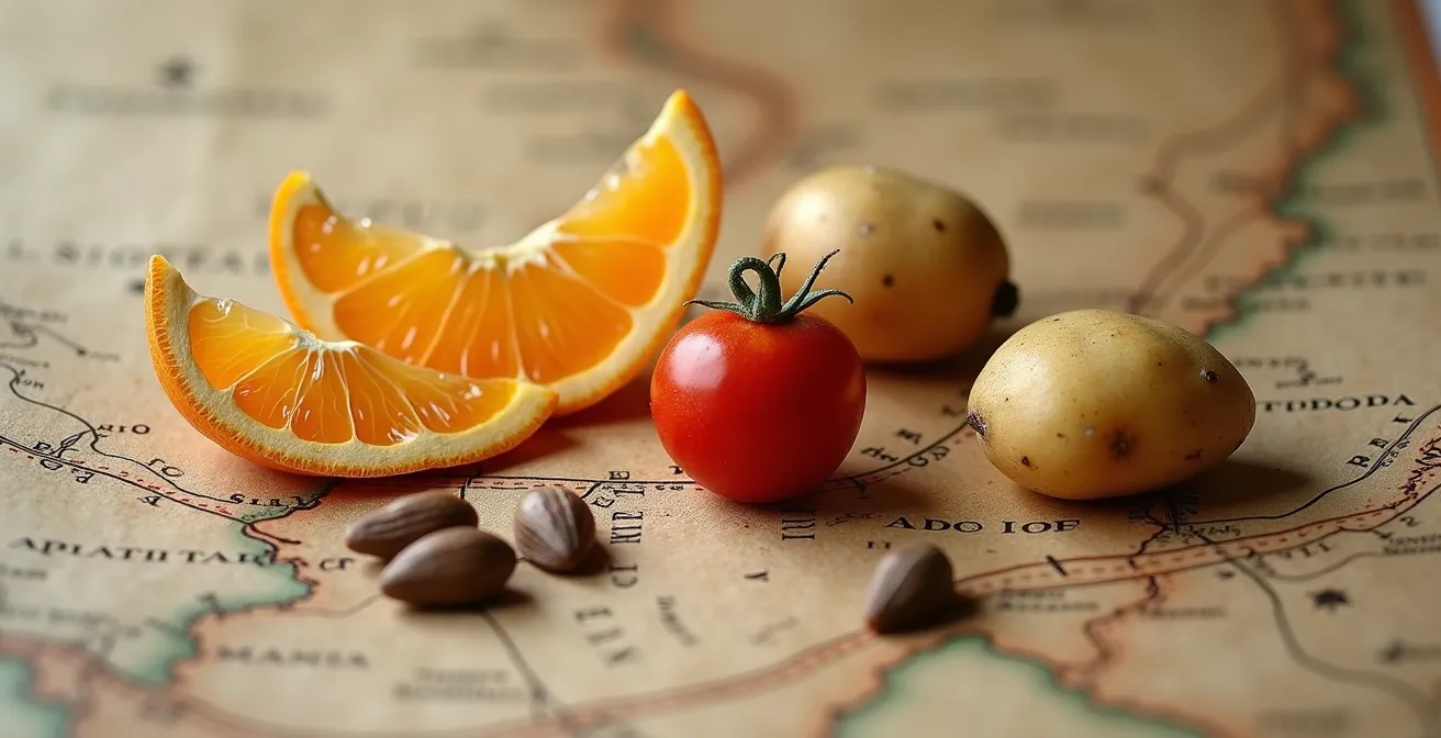 Composición artística mostrando especias y plantas que llegaron a España a través de diferentes rutas comerciales históricas