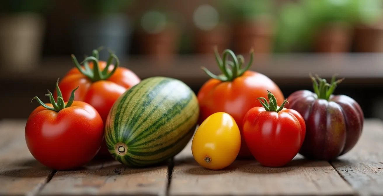 Comparación visual de tomates de diferentes formas y colores resultantes de la siembra de semillas híbridas F1