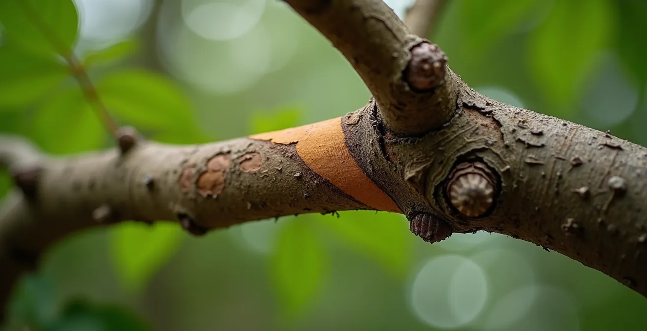 Detalle técnico mostrando el ángulo correcto de inserción de ramas estructurales en un tronco de árbol frutal joven