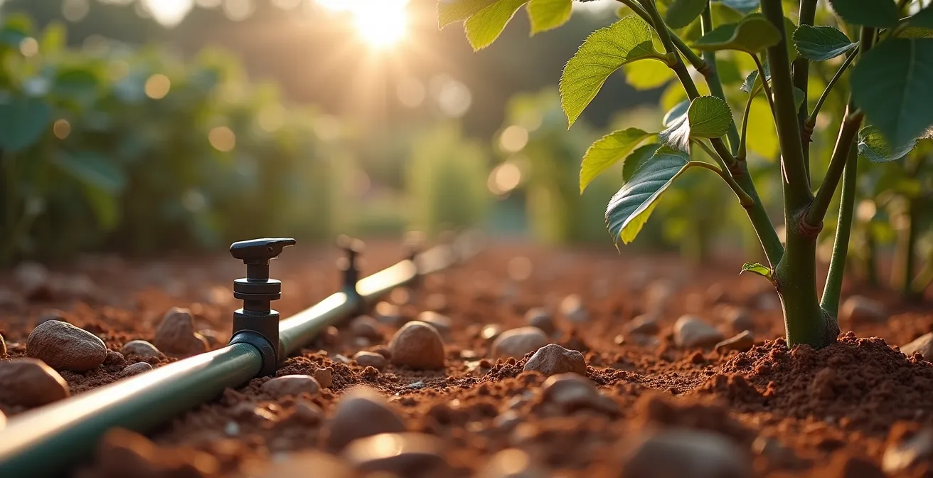 Sistema de riego por goteo en la base de rosales con suelo mediterráneo