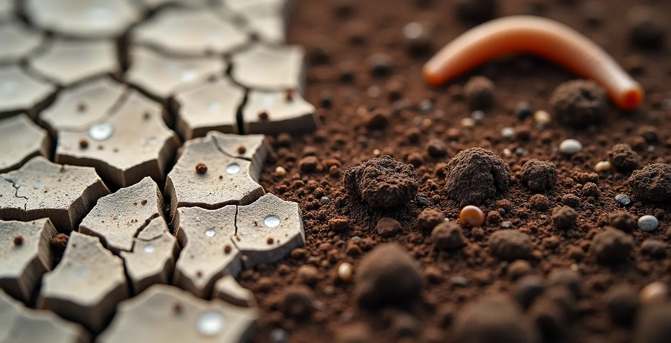 Comparación visual entre suelo agotado con grietas y suelo fértil con rica textura orgánica