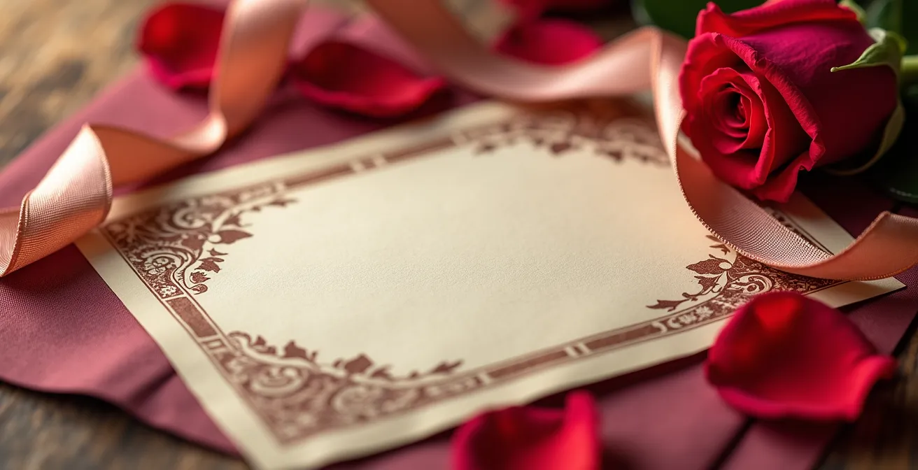 Elegante tarjeta pergamino junto a un ramo de flores con detalles dorados