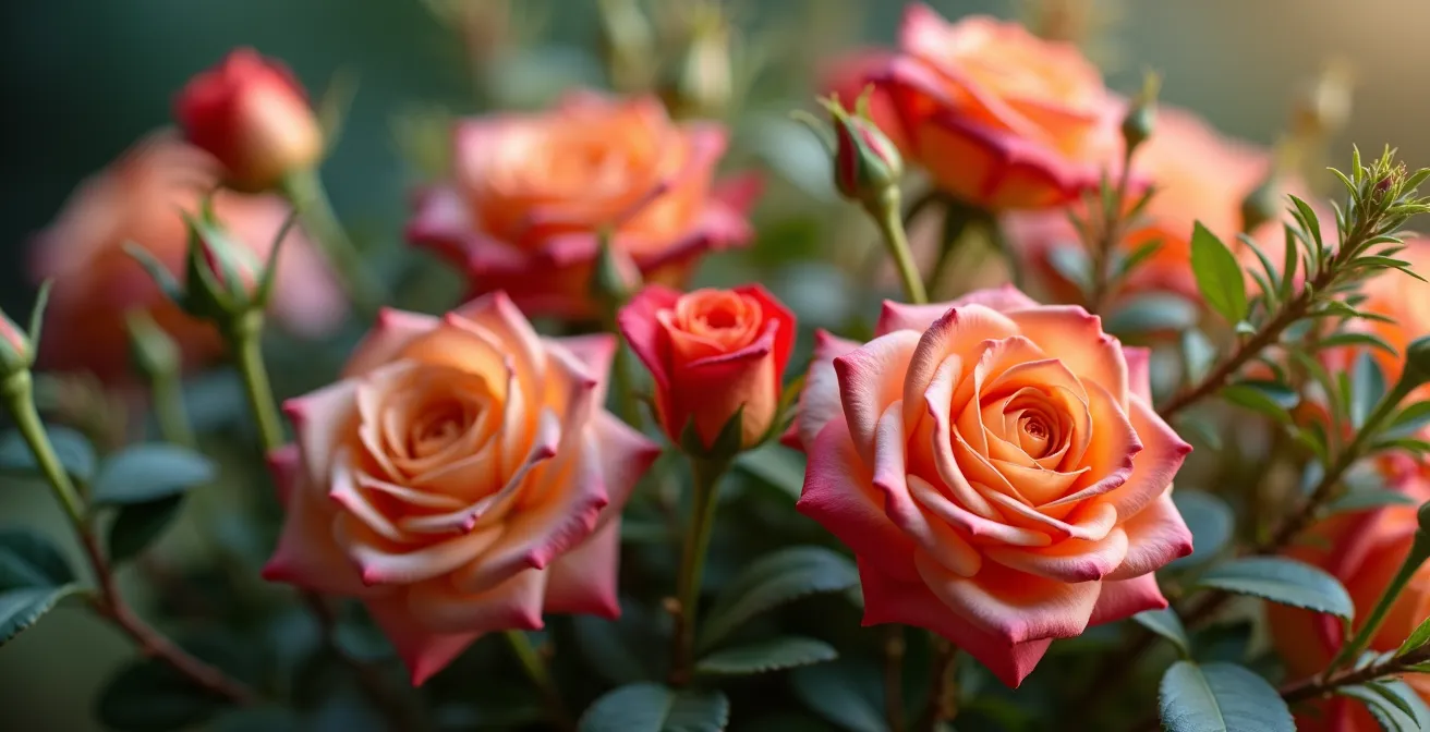 Composición floral mostrando técnica de agrupamiento Phi con follaje mediterráneo español destacando flores focales