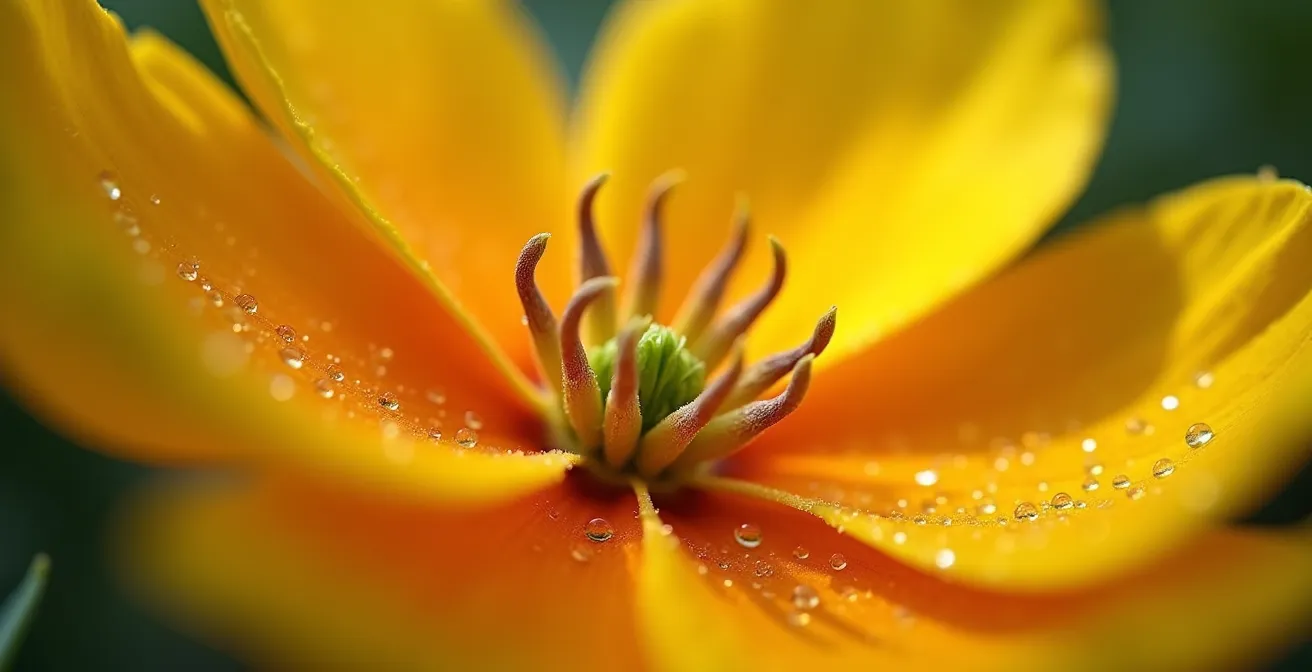 Detalle macro de polinización manual en flor de tomate con pincel