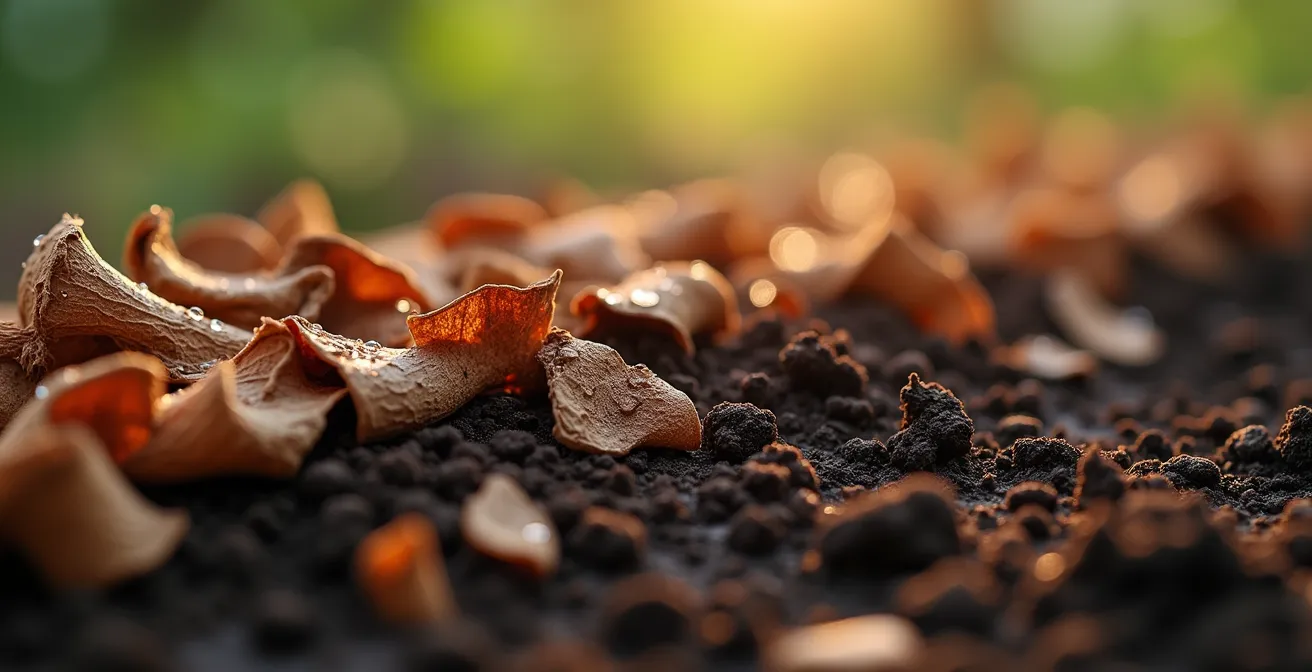 Detalle macro de mulching protegiendo el suelo en verano