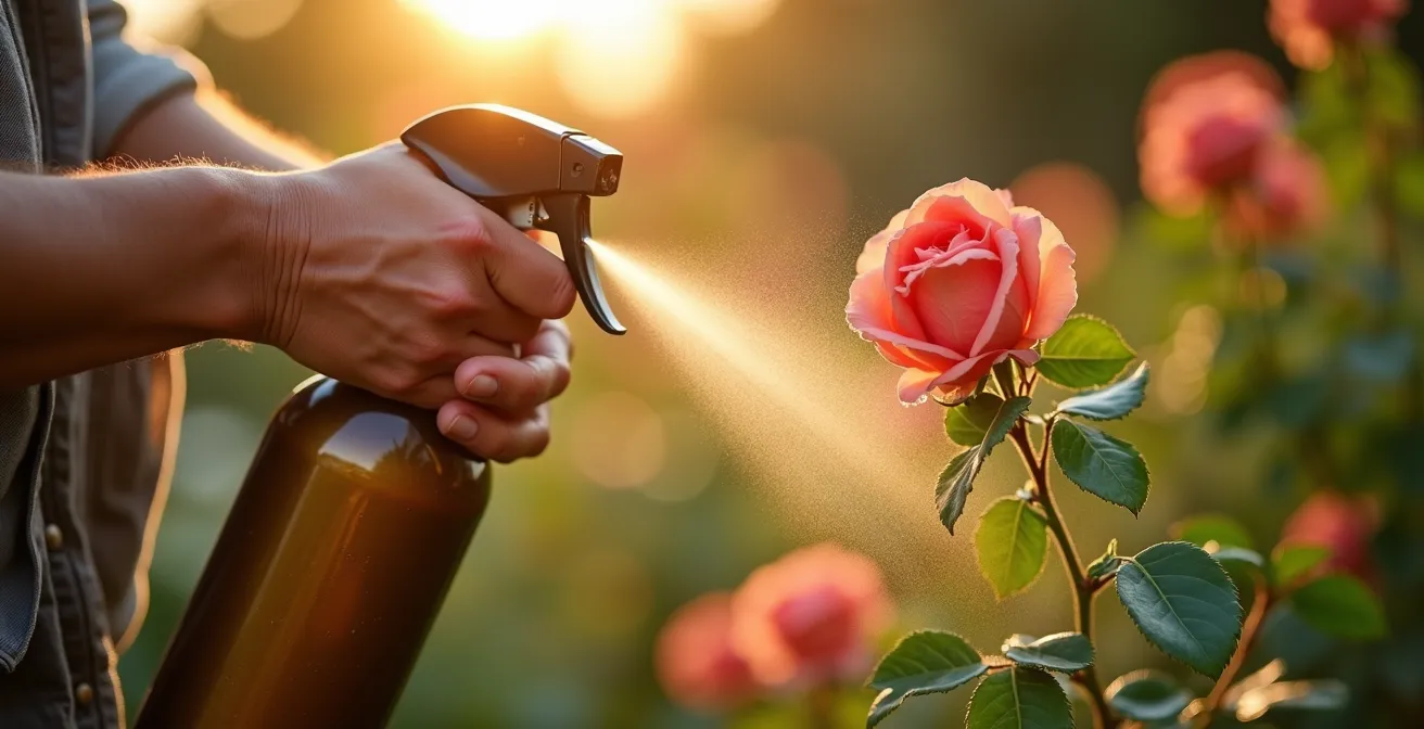 Manos aplicando tratamiento natural con pulverizador en rosales al atardecer