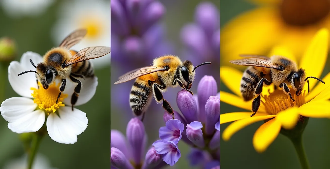 Retrato detallado de tres especies de abejas solitarias españolas: Osmia cornuta, Megachile centuncularis y Andrena en sus flores preferidas