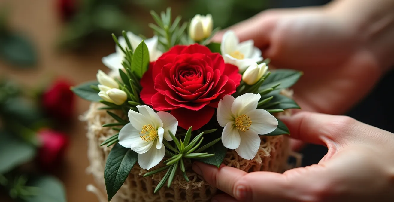 Proceso de construcción de un tussie-mussie con elementos españoles