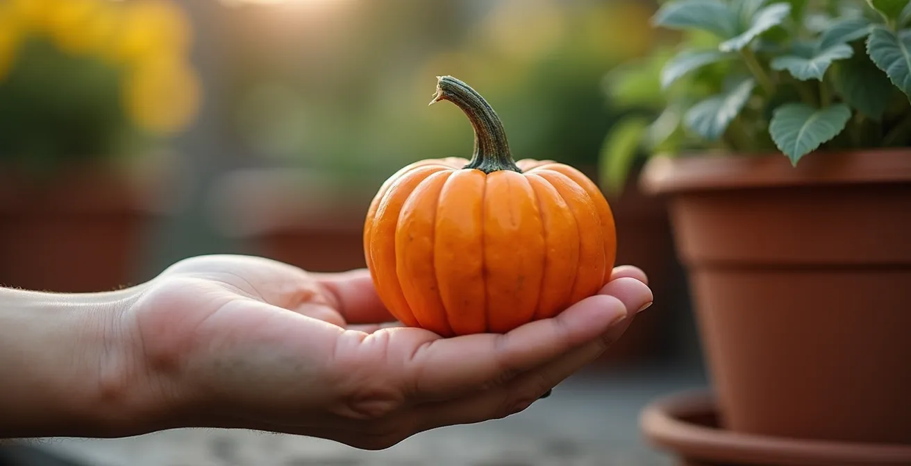 Comparación visual entre calabazas tradicionales y variedades mini Jack Be Little en macetas de terraza
