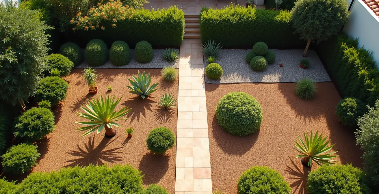 Diseño aéreo de jardín mostrando tres zonas diferenciadas de riego